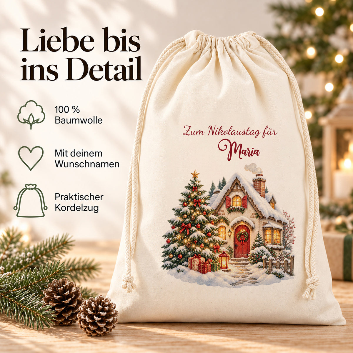 Nikolaussack Winterhäuschen mit Hinweisen zu Baumwolle, Wunschname und Kordelzug