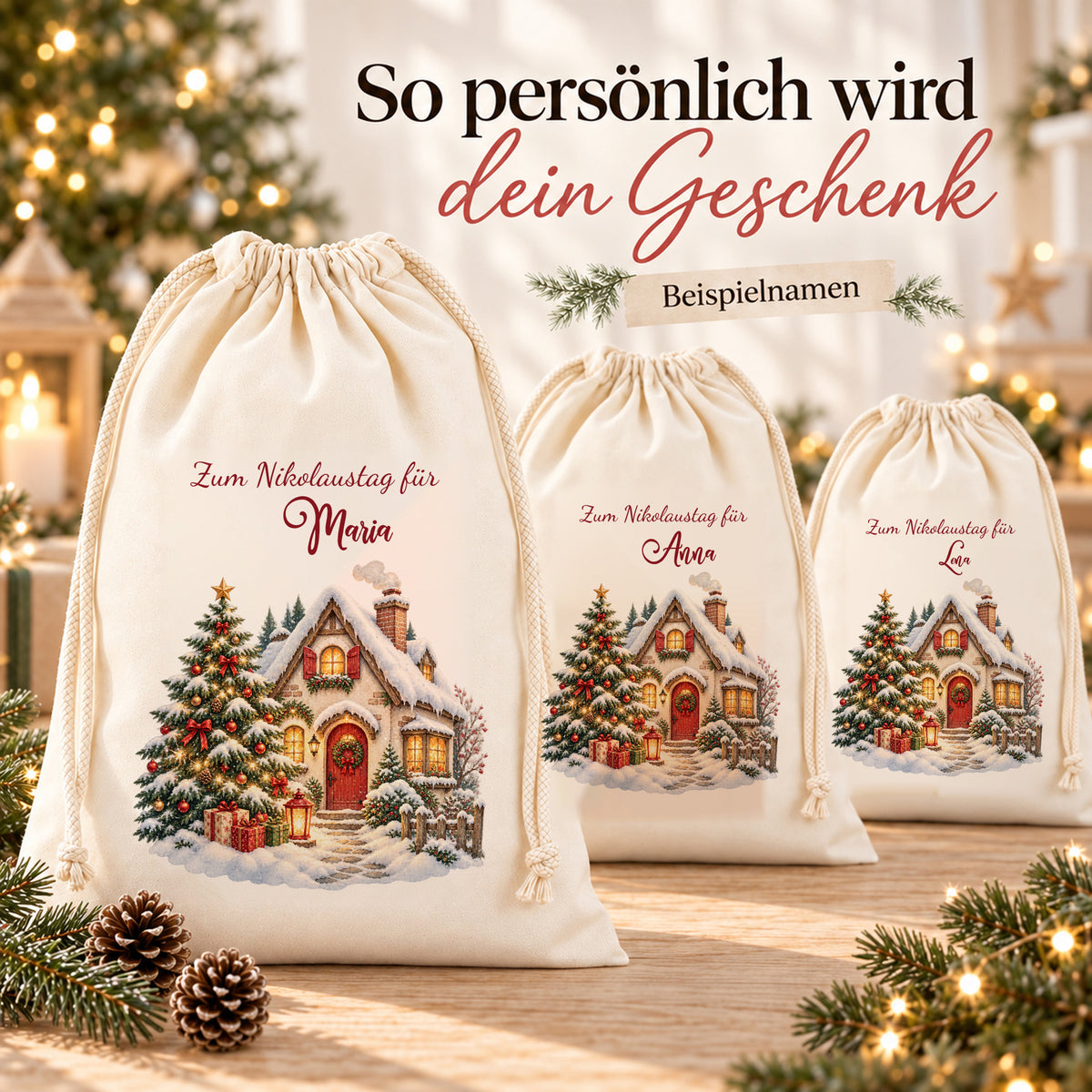 Drei Nikolaussäcke mit Motiv Winterhäuschen zeigen unterschiedliche Namenspersonalisierungen