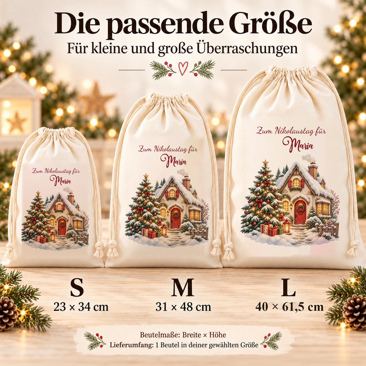 Nikolaussack Winterhäuschen im Größenvergleich: S 23 × 34 cm, M 31 × 48 cm und L 40 × 61,5 cm, jeweils Breite × Höhe.