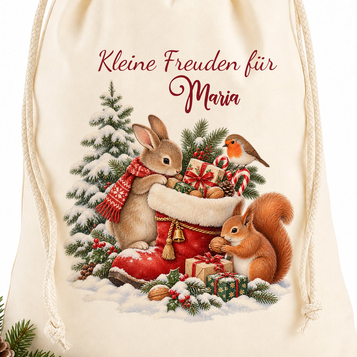 Detail von Baumwollstoff und bedrucktem Motiv Waldtiere mit Wunschname