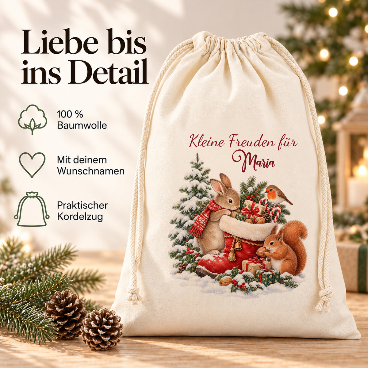 Nikolaussack Waldtiere mit Hinweisen zu Baumwolle, Wunschname und Kordelzug