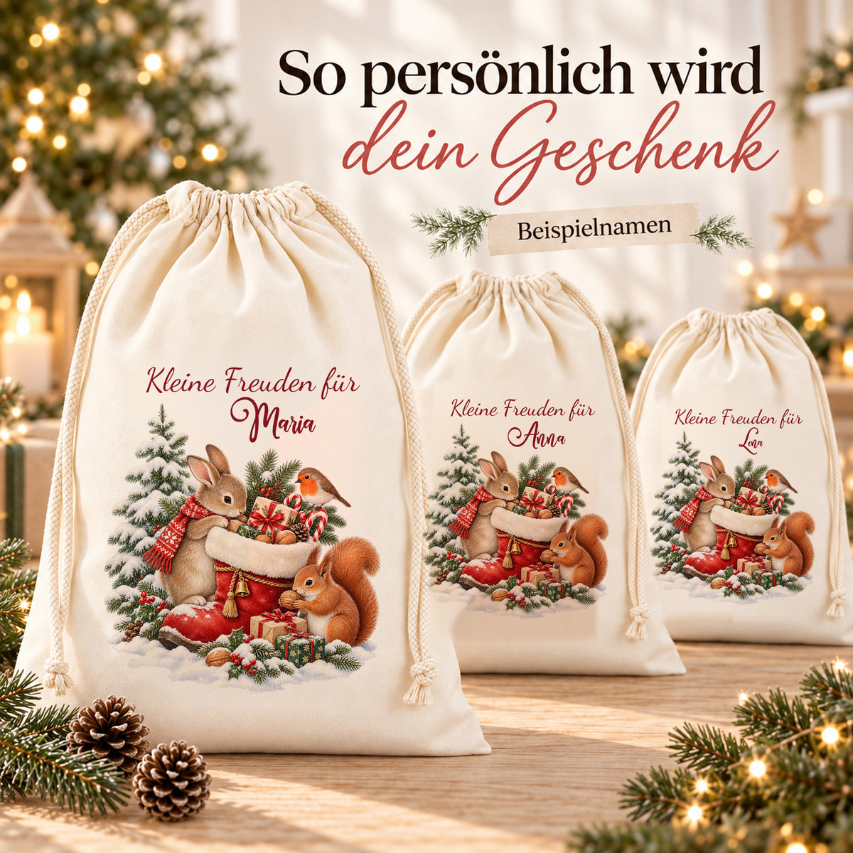 Drei Nikolaussäcke mit Motiv Waldtiere zeigen unterschiedliche Namenspersonalisierungen