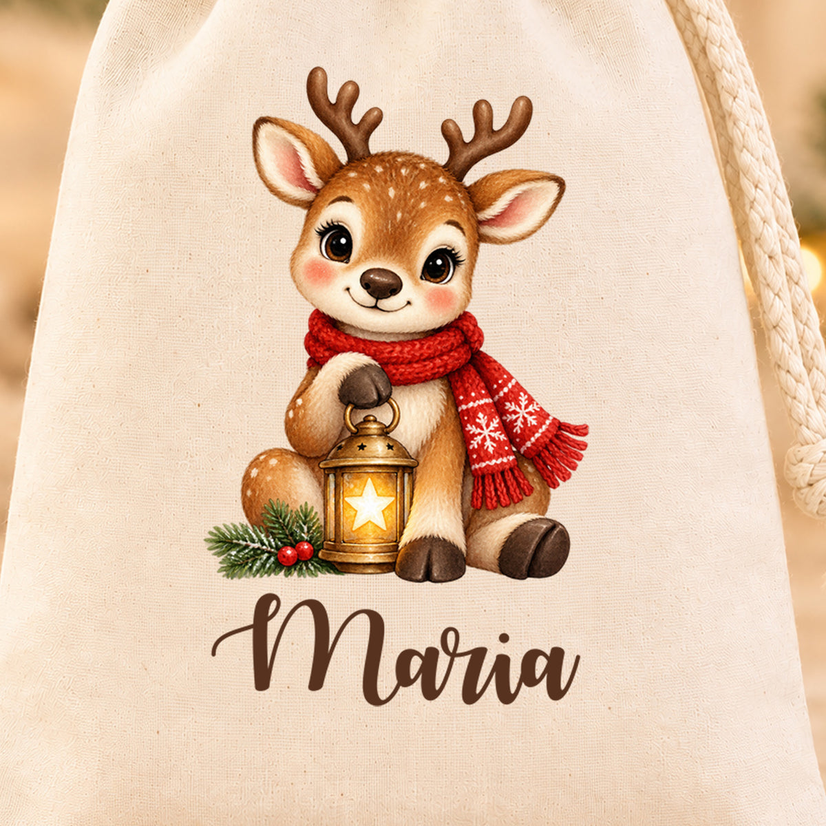 Naturfarbenes Nikolaussäckchen mit Rentier mit Sternenlaterne und personalisiertem Namen in Nahaufnahme mit gut sichtbarem Motiv und Namensdruck.