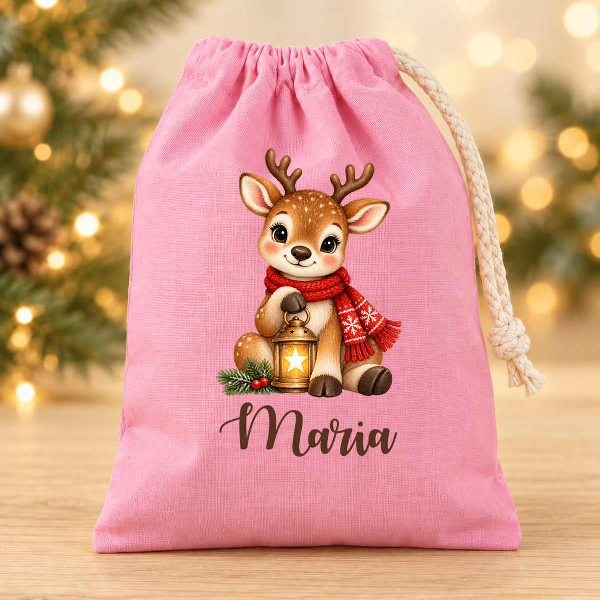 Nikolaussäckchen Rentier mit Sternenlaterne mit Wunschname in Rosa, 15 × 20 cm