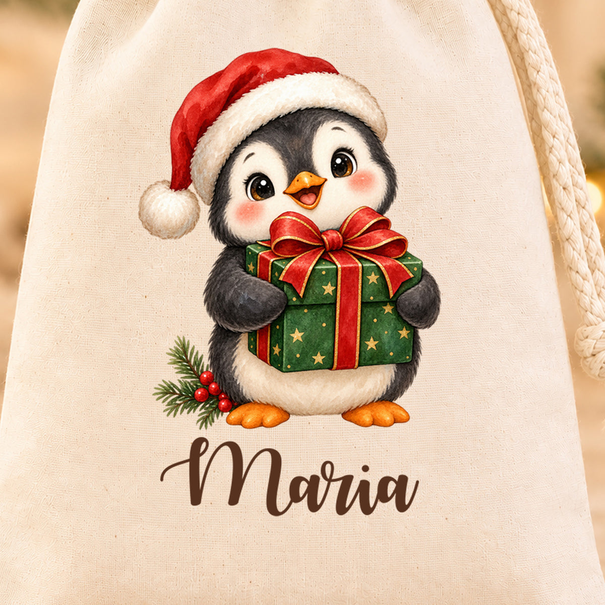 Naturfarbenes Nikolaussäckchen mit Pinguin mit Geschenk und personalisiertem Namen in Nahaufnahme mit gut sichtbarem Motiv und Namensdruck.