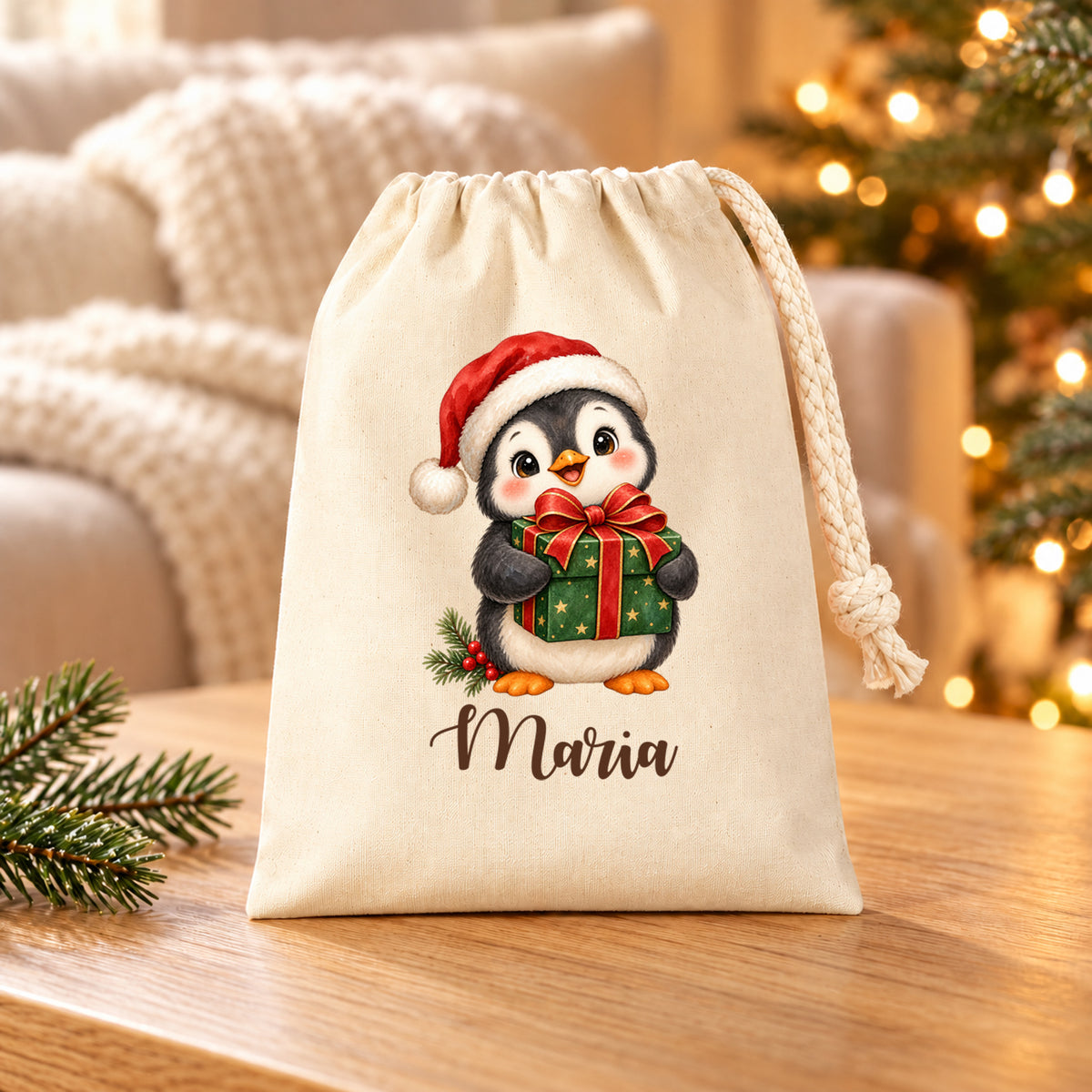 Naturfarbenes Nikolaussäckchen mit Pinguin mit Geschenk und personalisiertem Namen auf einem Holztisch vor Sofa und Weihnachtslichtern.