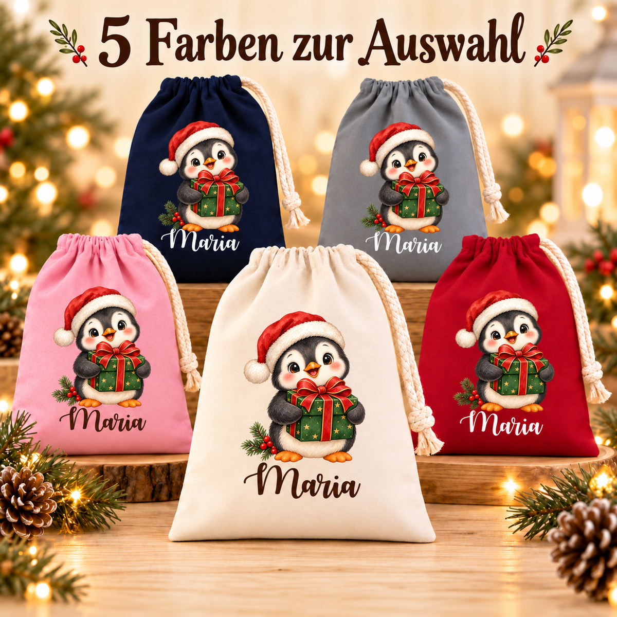 Pinguin mit Geschenk: fünf Säckchenfarben mit Wunschname; 5 Farben zur Auswahl.