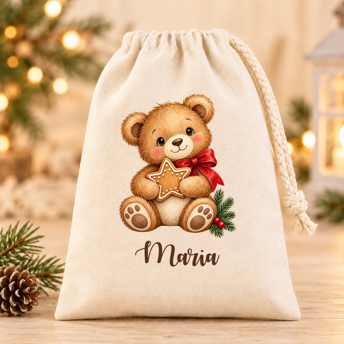 Nikolaussäckchen Weihnachtsbaer mit Lebkuchenstern mit Wunschname in Natur, 15 × 20 cm