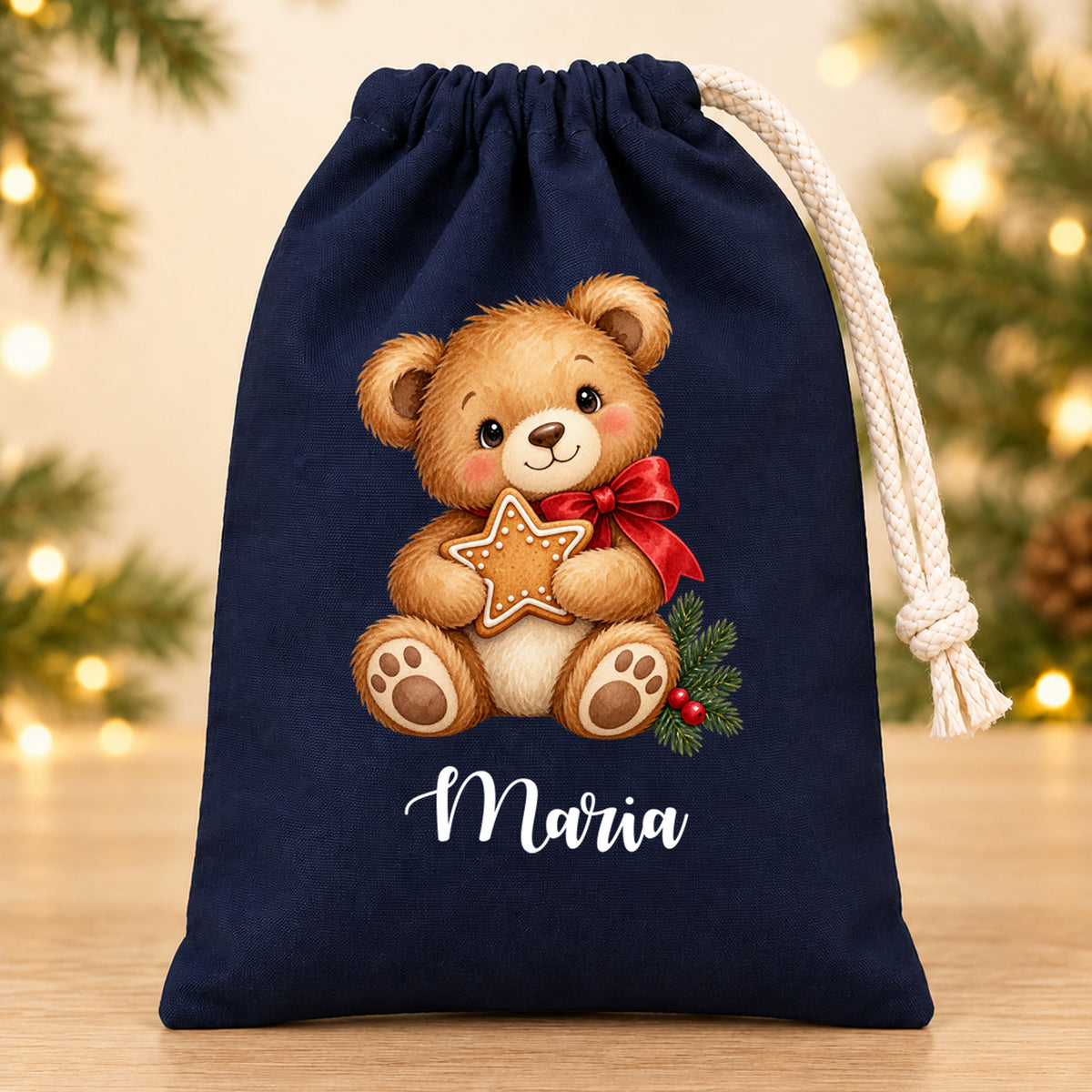 Nikolaussäckchen Weihnachtsbaer mit Lebkuchenstern mit Wunschname in Blau, 15 × 20 cm