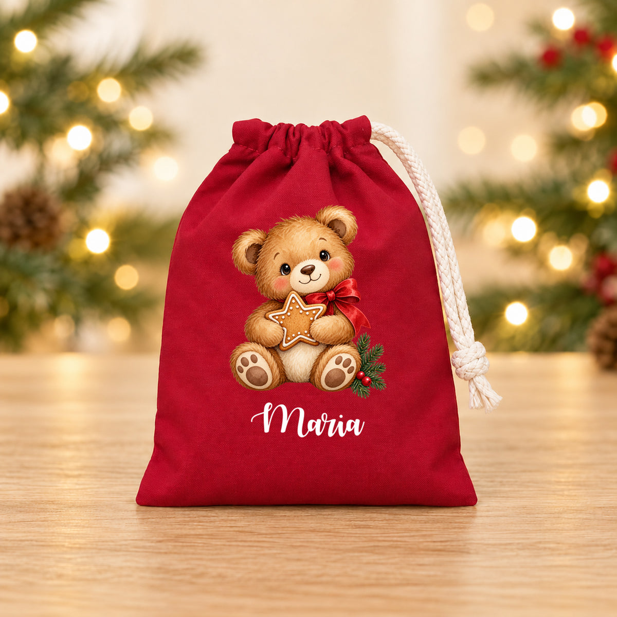 Nikolaussäckchen Weihnachtsbaer mit Lebkuchenstern mit Wunschname in Rot, 15 × 20 cm