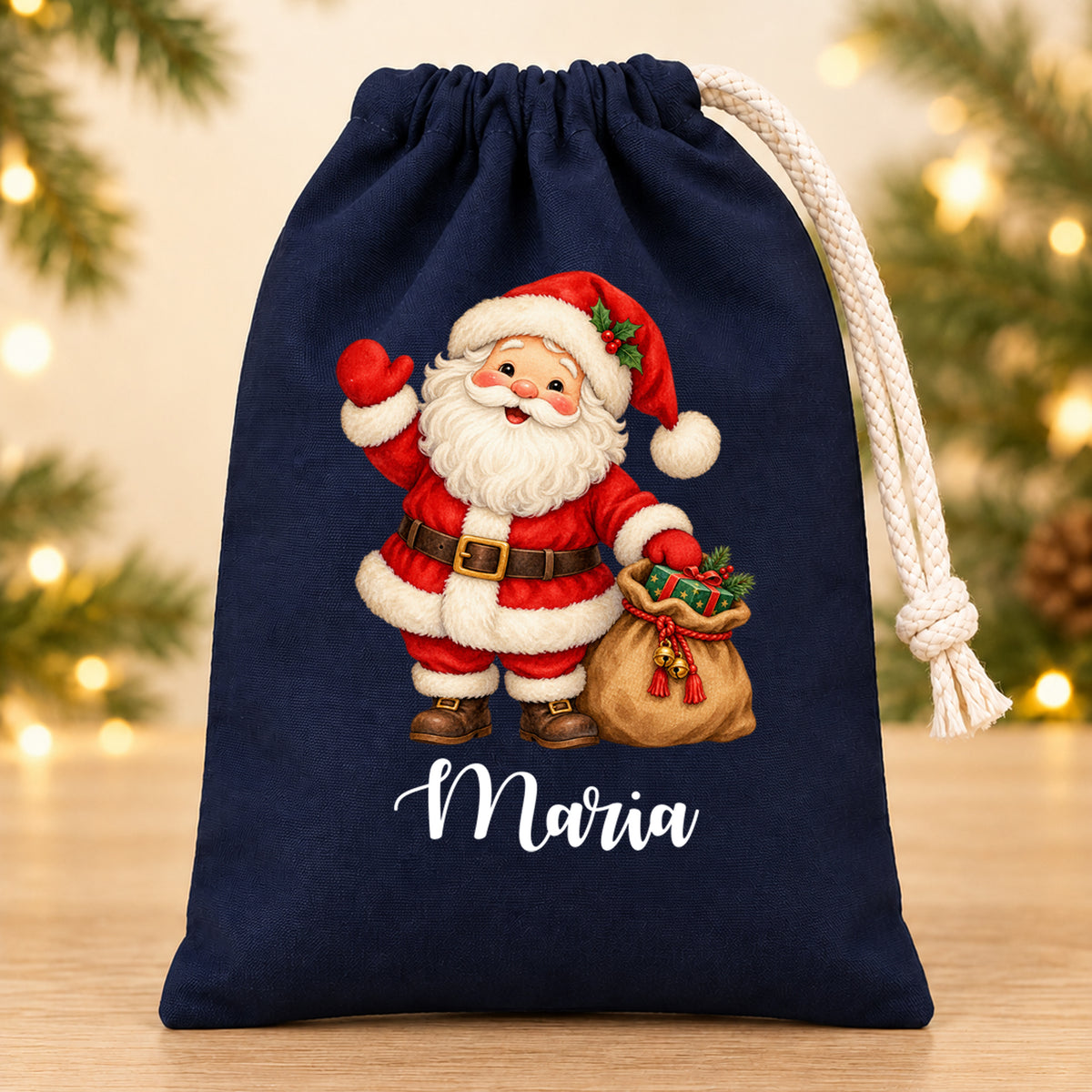 Nikolaussäckchen Weihnachtsmann mit Geschenkesack mit Wunschname in Blau, 15 × 20 cm
