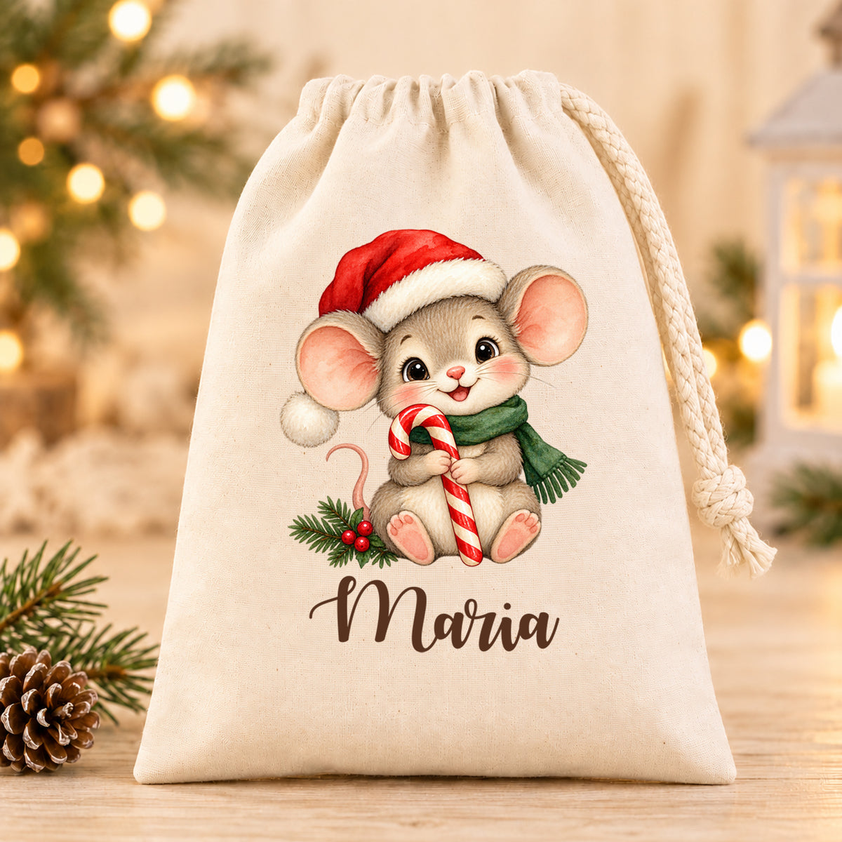 Nikolaussäckchen Weihnachtsmaus mit Zuckerstange mit Wunschname in Natur, 15 × 20 cm