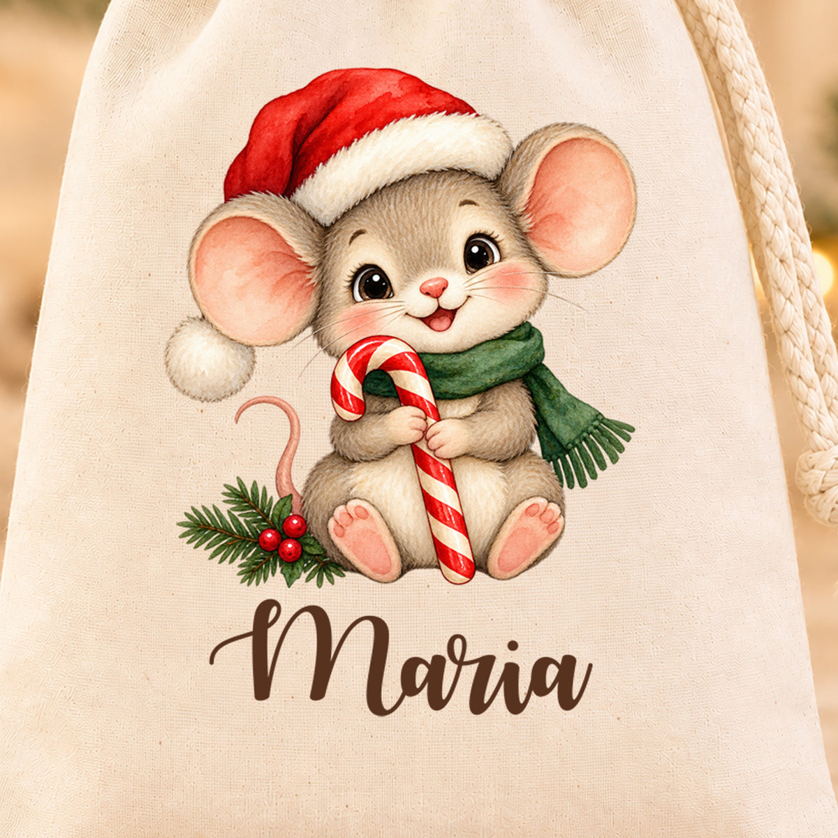 Naturfarbenes Nikolaussäckchen mit Weihnachtsmaus mit Zuckerstange und personalisiertem Namen in Nahaufnahme mit gut sichtbarem Motiv und Namensdruck.
