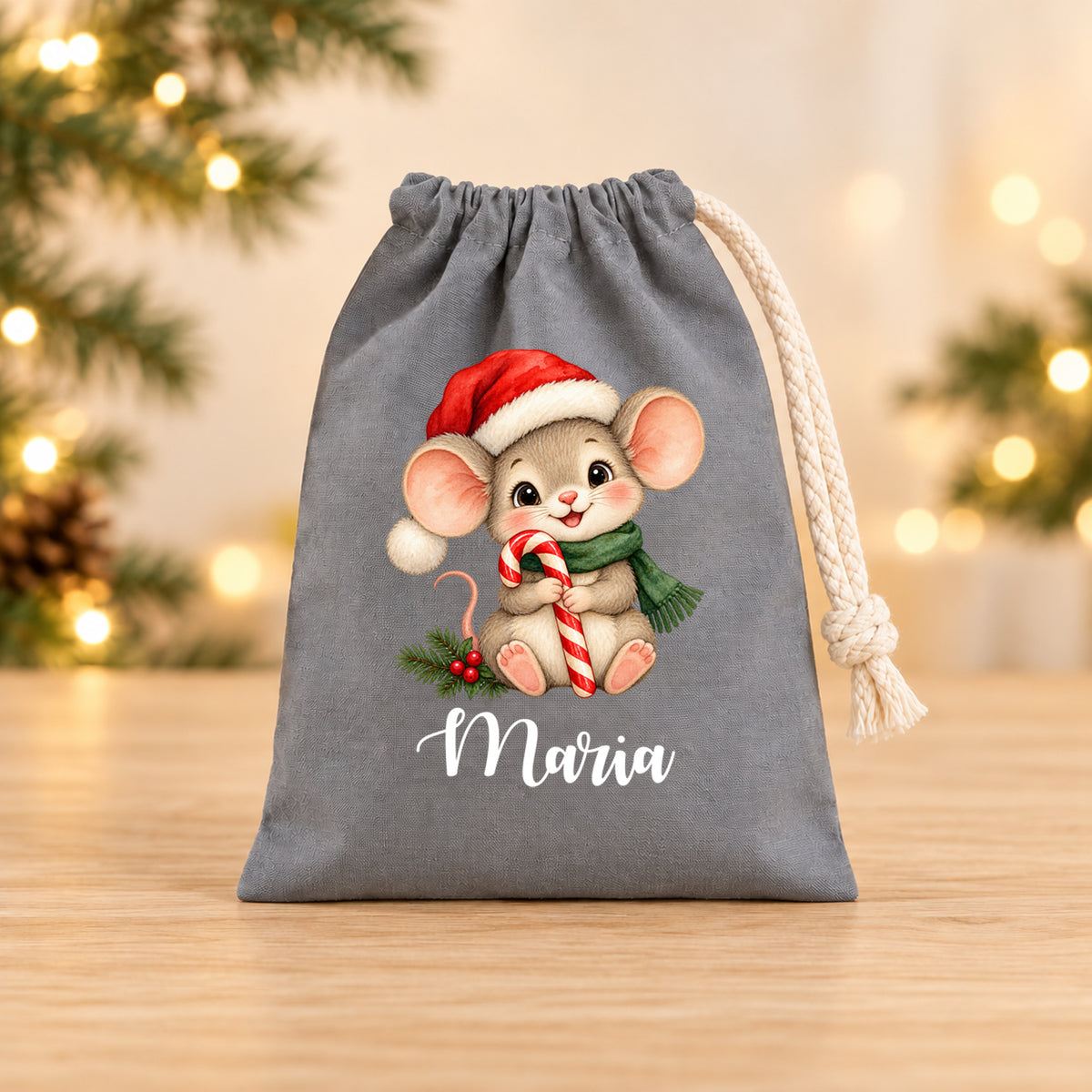 Nikolaussäckchen Weihnachtsmaus mit Zuckerstange mit Wunschname in Grau, 15 × 20 cm