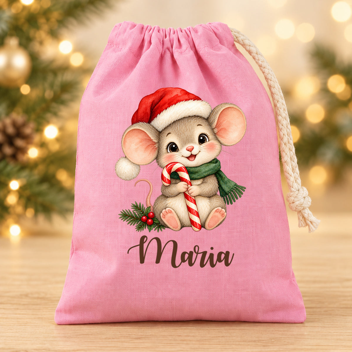 Nikolaussäckchen Weihnachtsmaus mit Zuckerstange mit Wunschname in Rosa, 15 × 20 cm