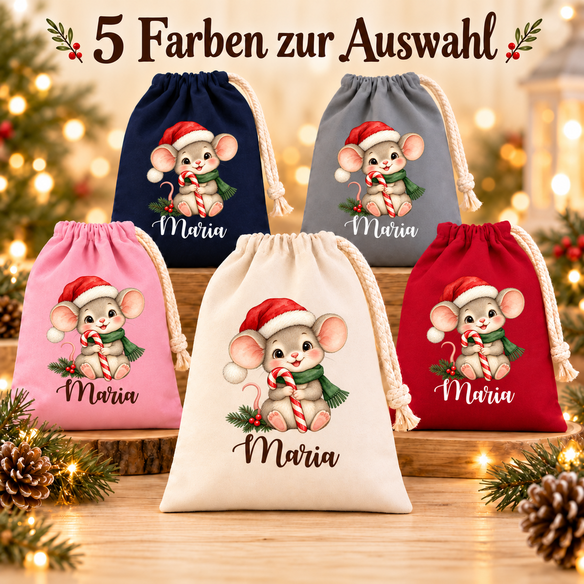 Weihnachtsmaus mit Zuckerstange: fünf Säckchenfarben mit Wunschname; 5 Farben zur Auswahl.