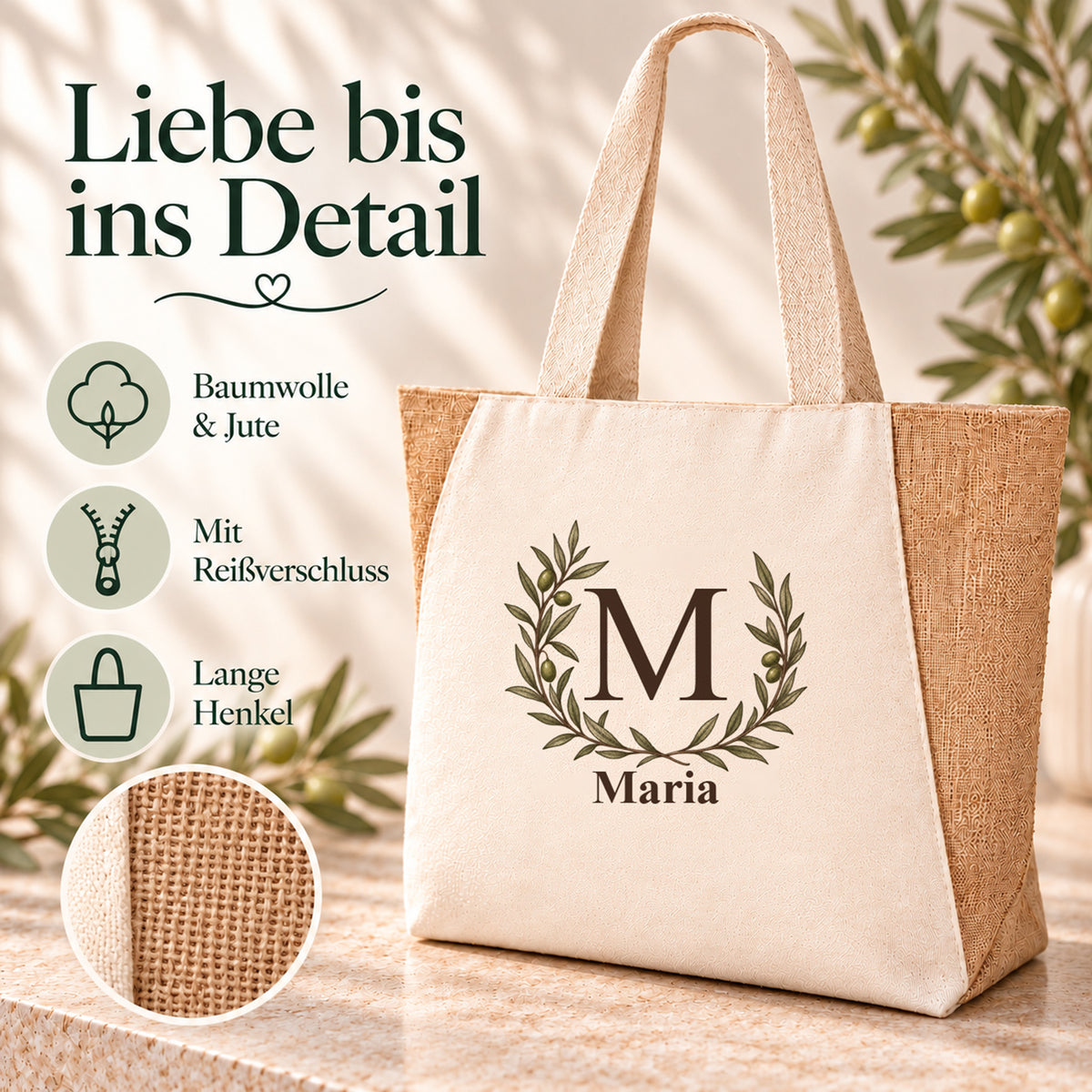 Shopper mit offenem Olivenkranz und Angaben zu Baumwolle, Jute und Reißverschluss.