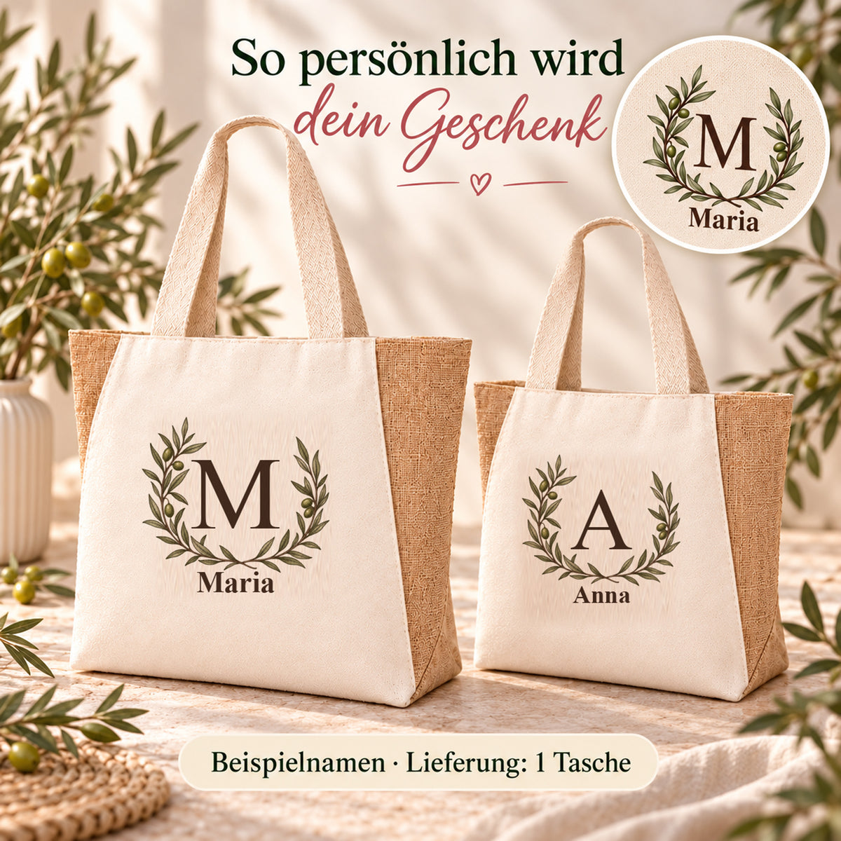 Shopper mit offenem Olivenkranz: Wunschname und daraus abgeleiteter Anfangsbuchstabe.