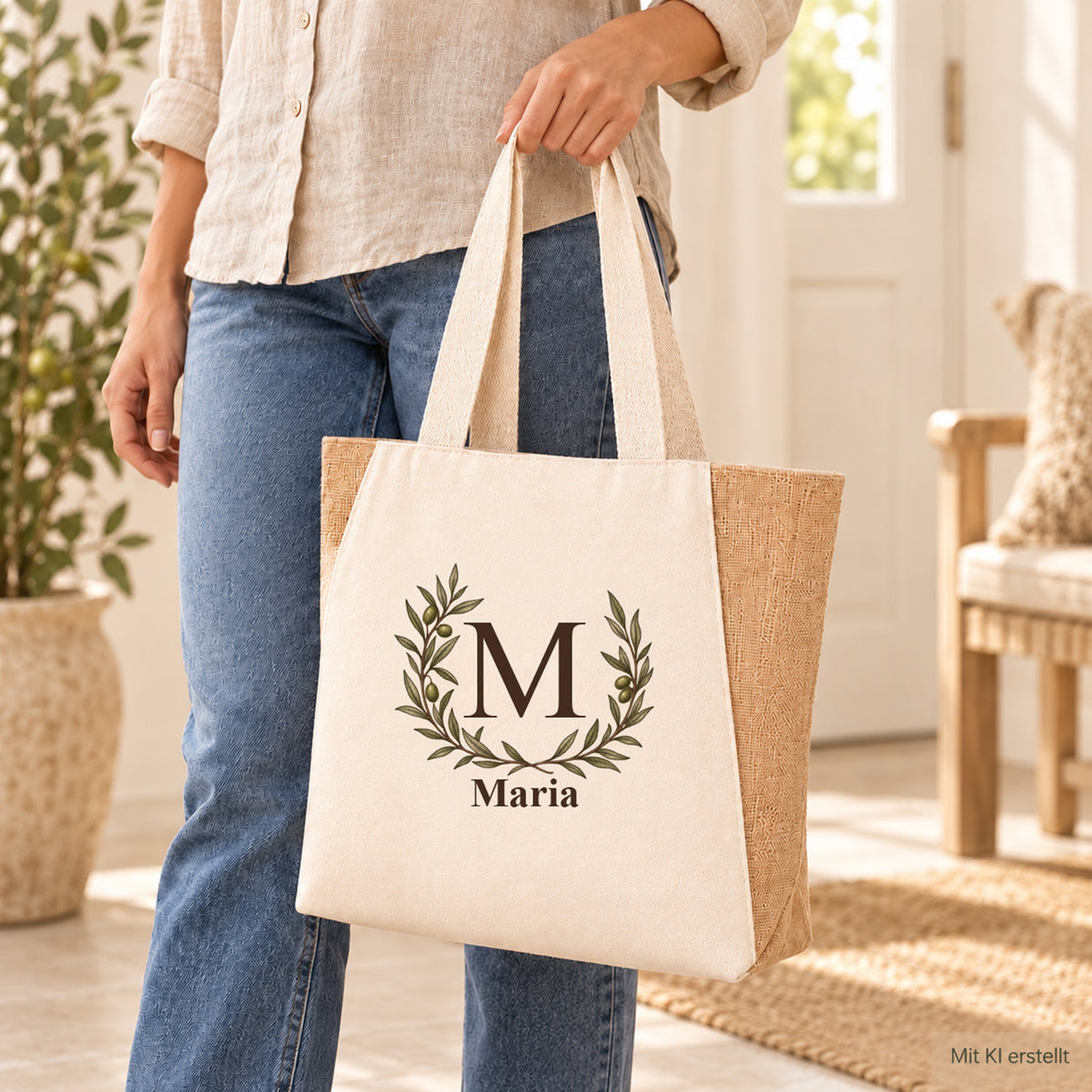 Person mit personalisiertem Shopper mit offenem Olivenkranz, Initial und Wunschname.