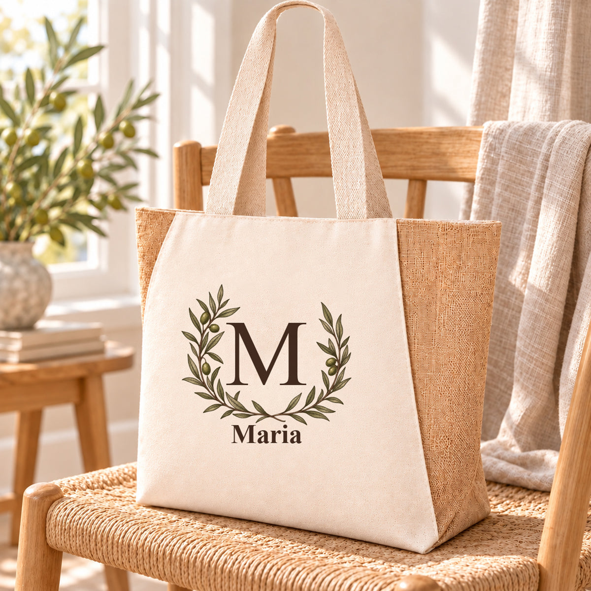 Personalisierter Shopper mit offenem Olivenkranz, Initial und Wunschname in einer Alltagsszene.