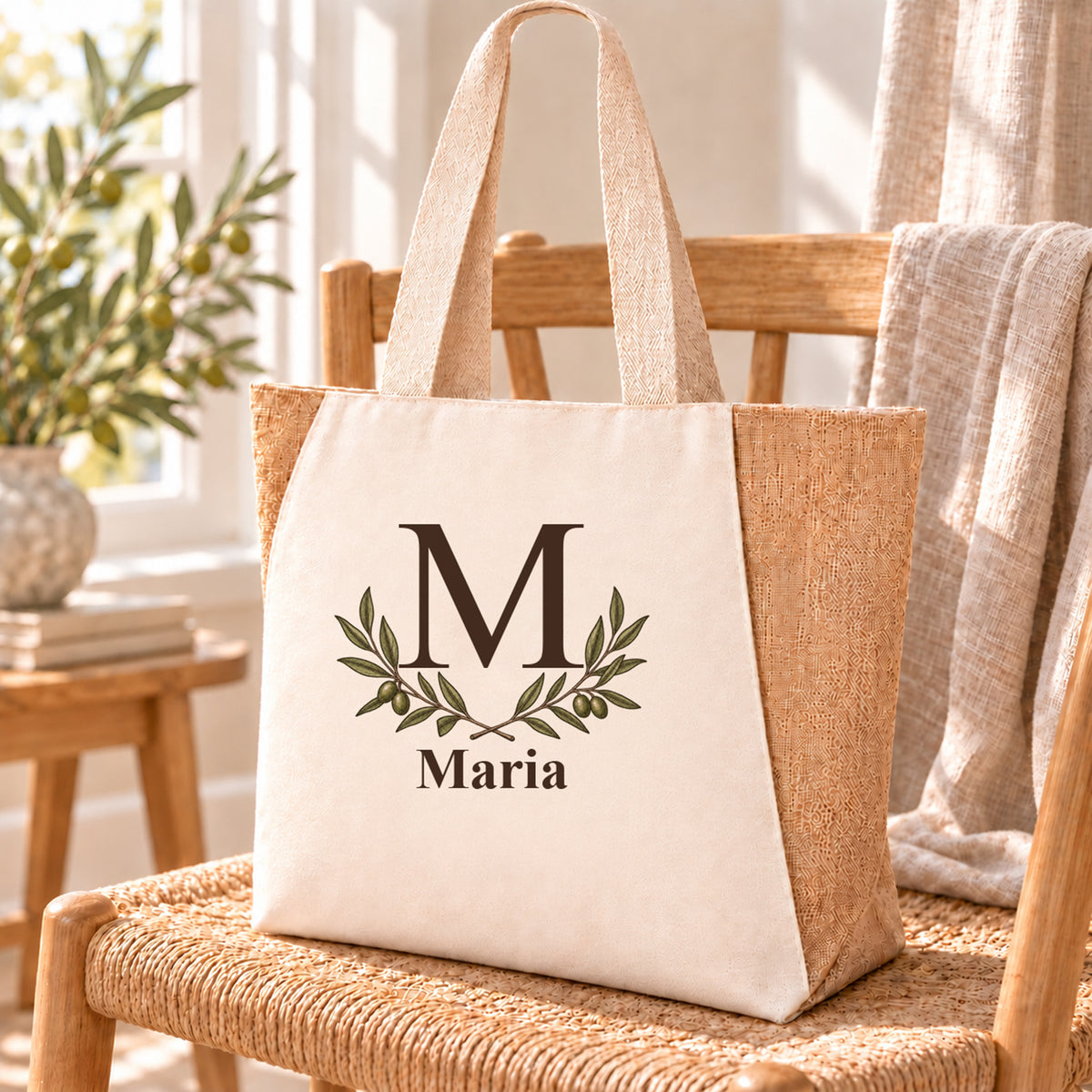 Personalisierter Shopper mit Olivenzweigpaar, Initial und Wunschname in einer Alltagsszene.