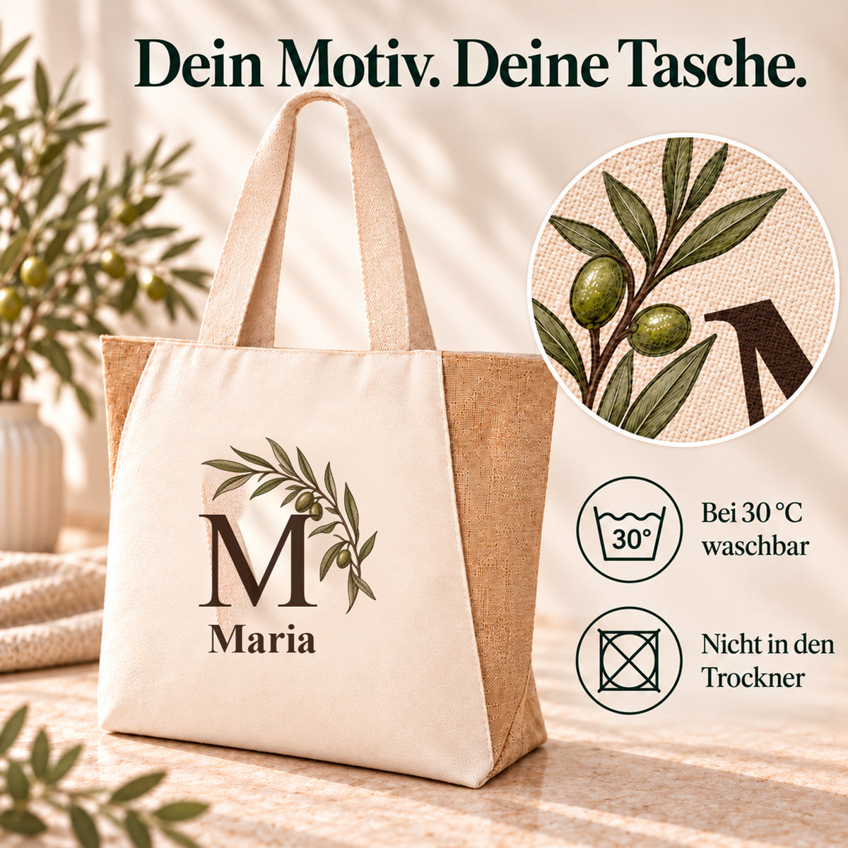Pflege des Shoppers mit Olivenbogen: bei 30 °C waschbar, nicht für den Trockner.