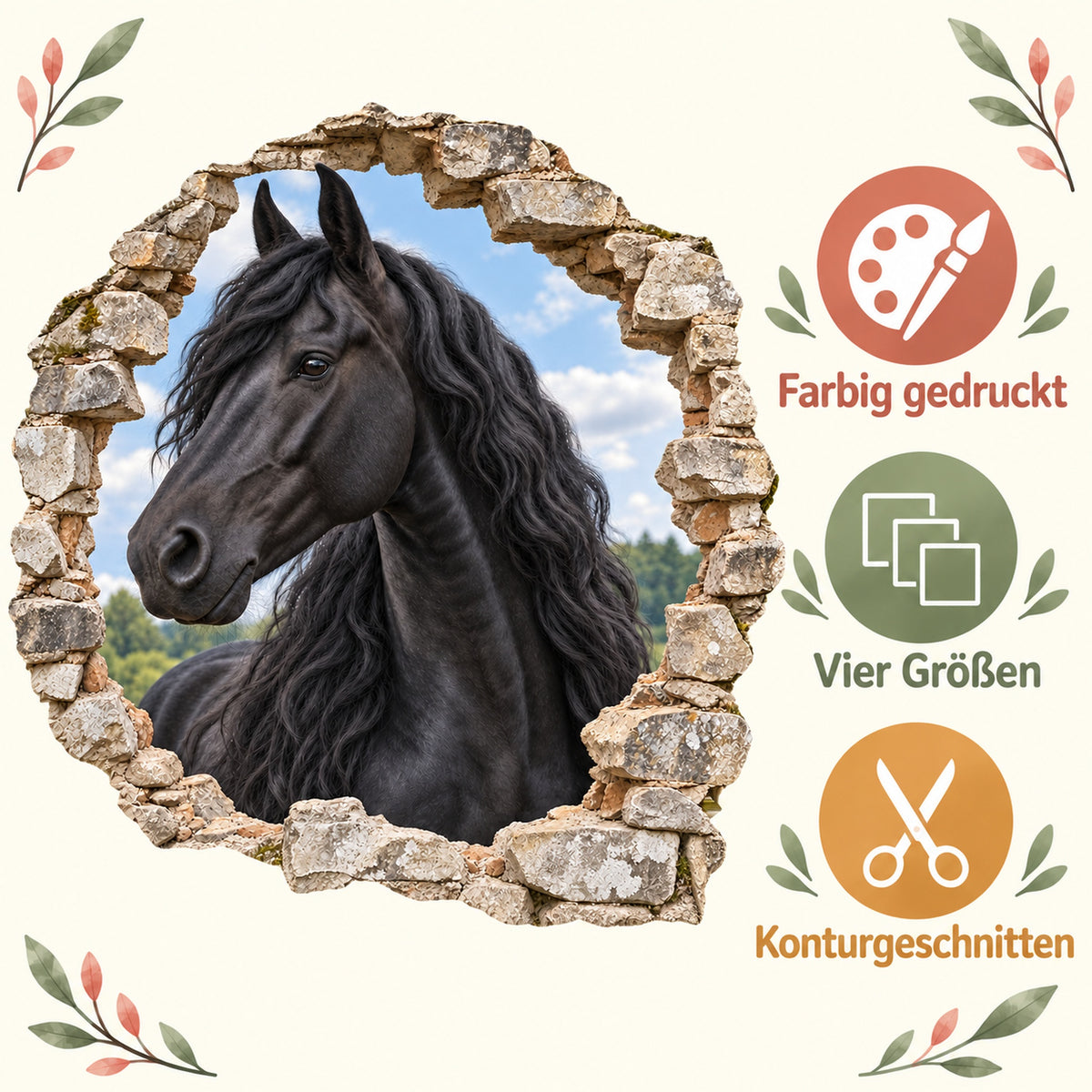 Eigenschaftsbild zum Wandtattoo Pferd Friese: farbig gedruckt, vier Größen, konturgeschnitten