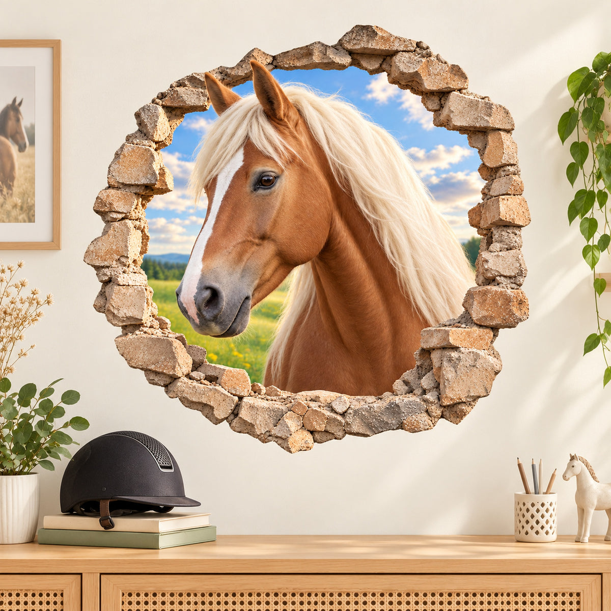 Wandtattoo Pferd Haflinger an einer hellen Wand über einer Kommode mit Reithelm und Pferdebüchern