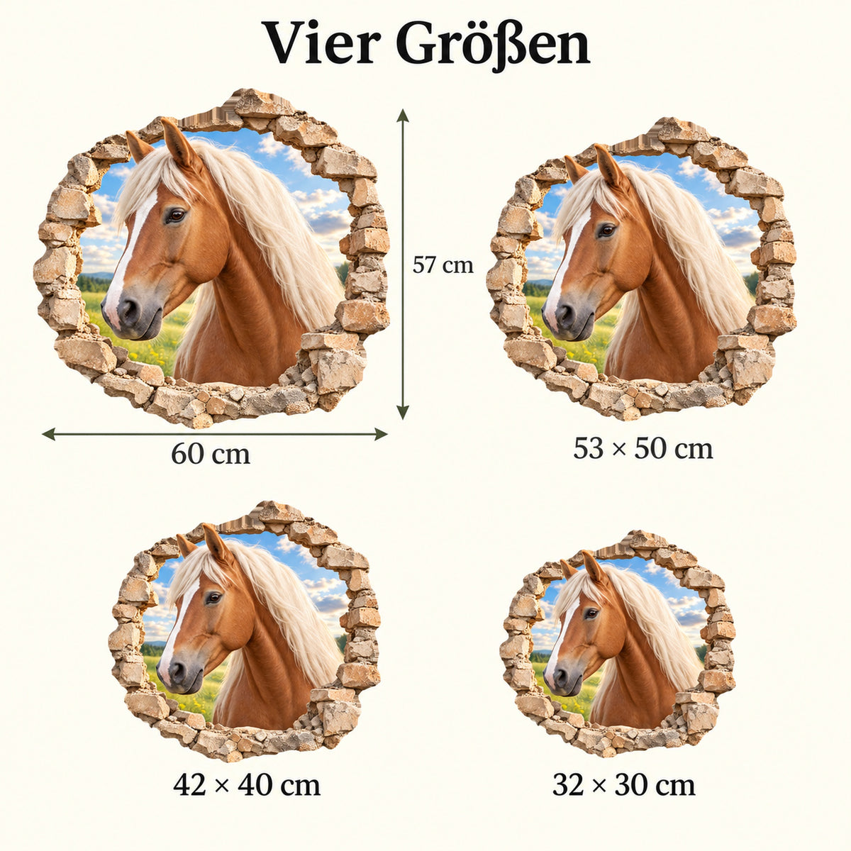 Größenvergleich des Wandtattoos Pferd Haflinger: 30, 40, 50 und 57 cm kürzere Seite