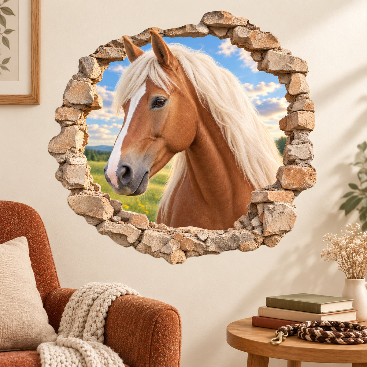 Wandtattoo Pferd Haflinger in einer Leseecke mit Polstersessel und Büchern