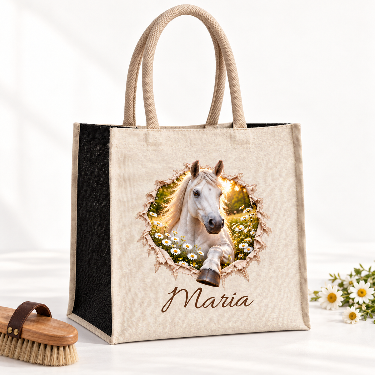 Naturbeige Tasche mit dem Motiv eines Schimmels, daneben Bürste und Blumen.