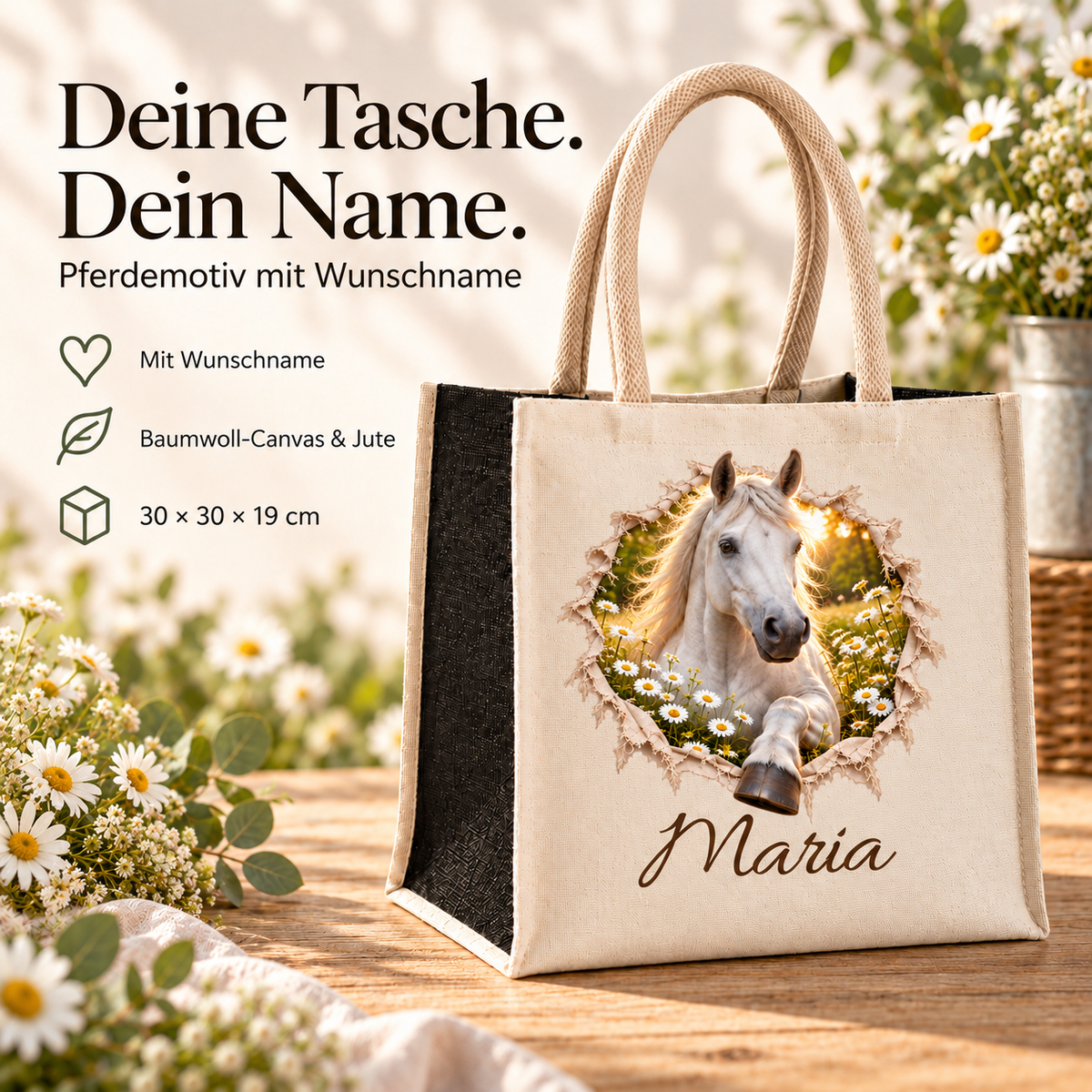 Tasche mit dem Motiv eines Schimmels neben Angaben zu Wunschname, Material und Maßen.