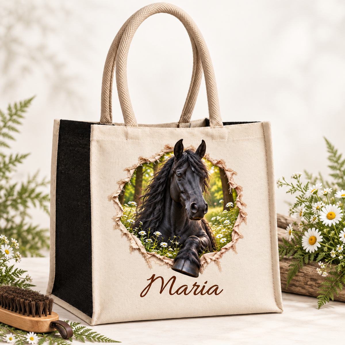 Naturbeige Tasche mit dem Motiv eines Friesen, daneben Bürste und Blumen.
