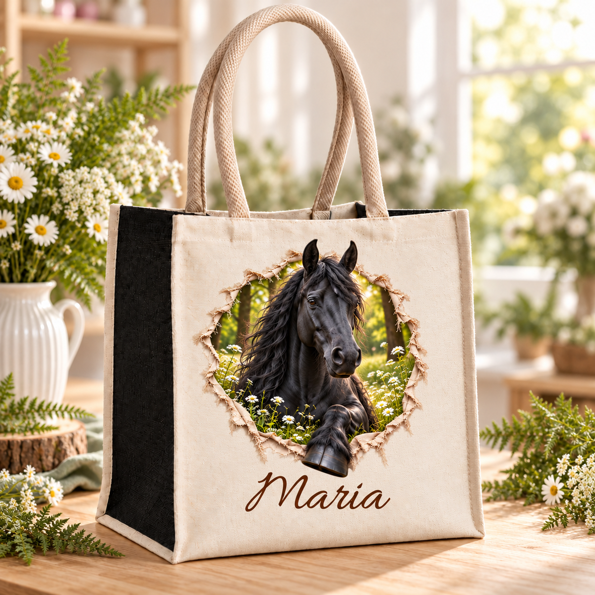 Tasche mit dem Motiv eines Friesen auf einem Holztisch im Blumenatelier.
