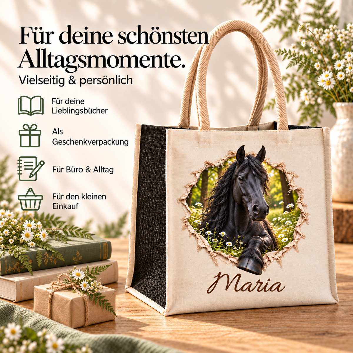 Tasche mit dem Motiv eines Friesen neben Buch und Hinweisen zur Verwendung im Alltag.