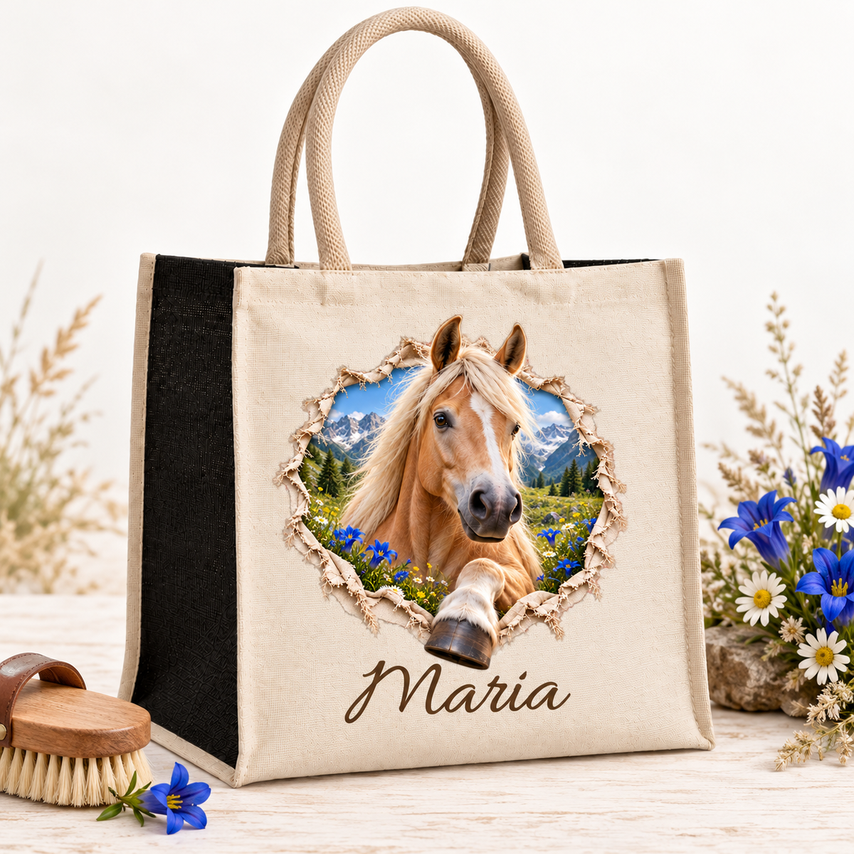 Naturbeige Tasche mit dem Motiv eines Haflingers, daneben Bürste und Blumen.