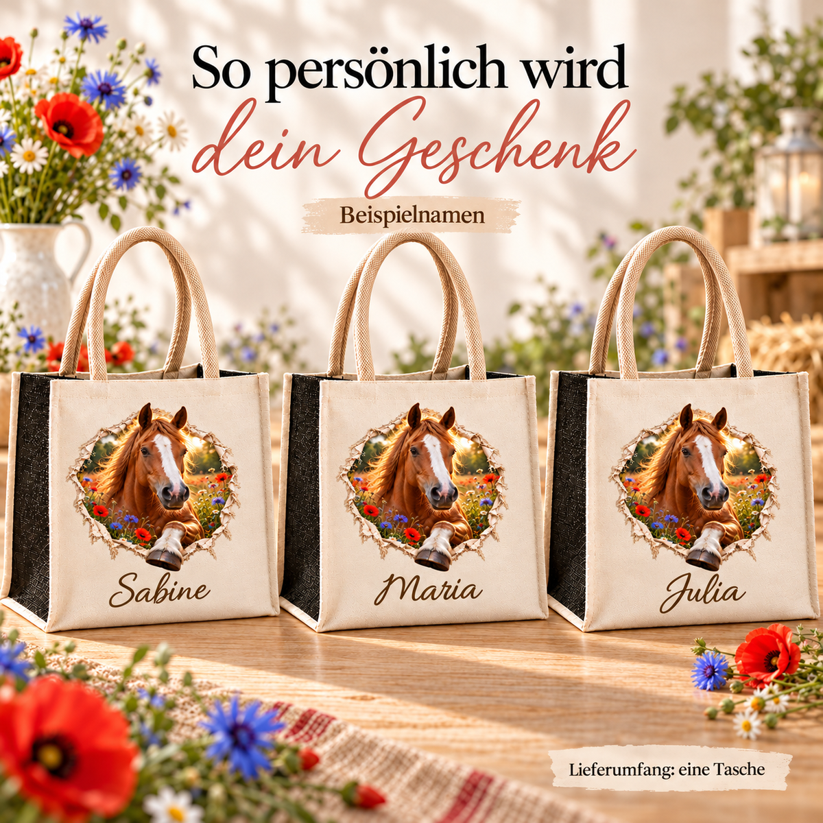 Drei Taschen mit dem gleichen Motiv eines fuchsfarbenen Pferdes und unterschiedlichen Namensaufdrucken.