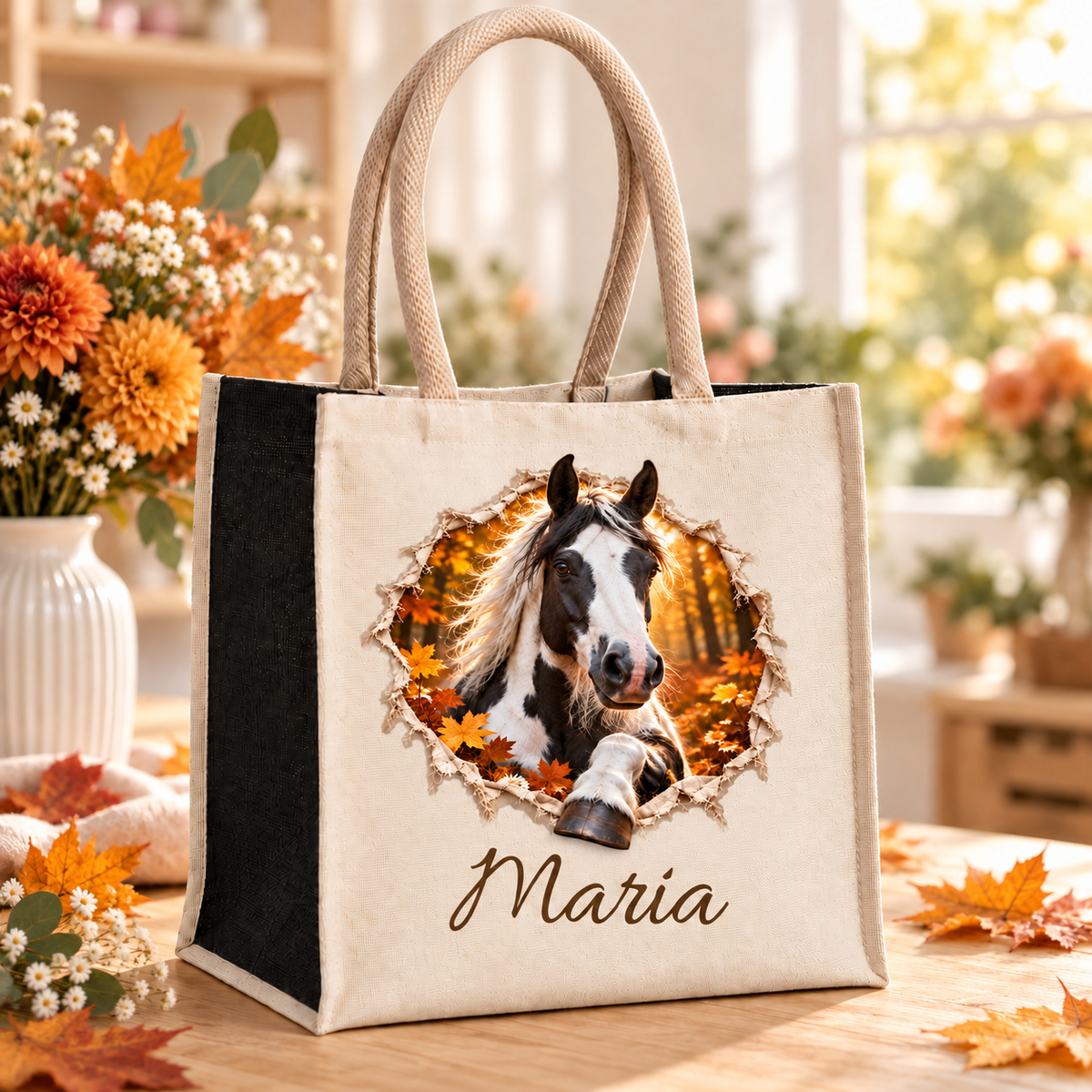 Tasche mit dem Motiv eines Schecken auf einem Holztisch im Blumenatelier.
