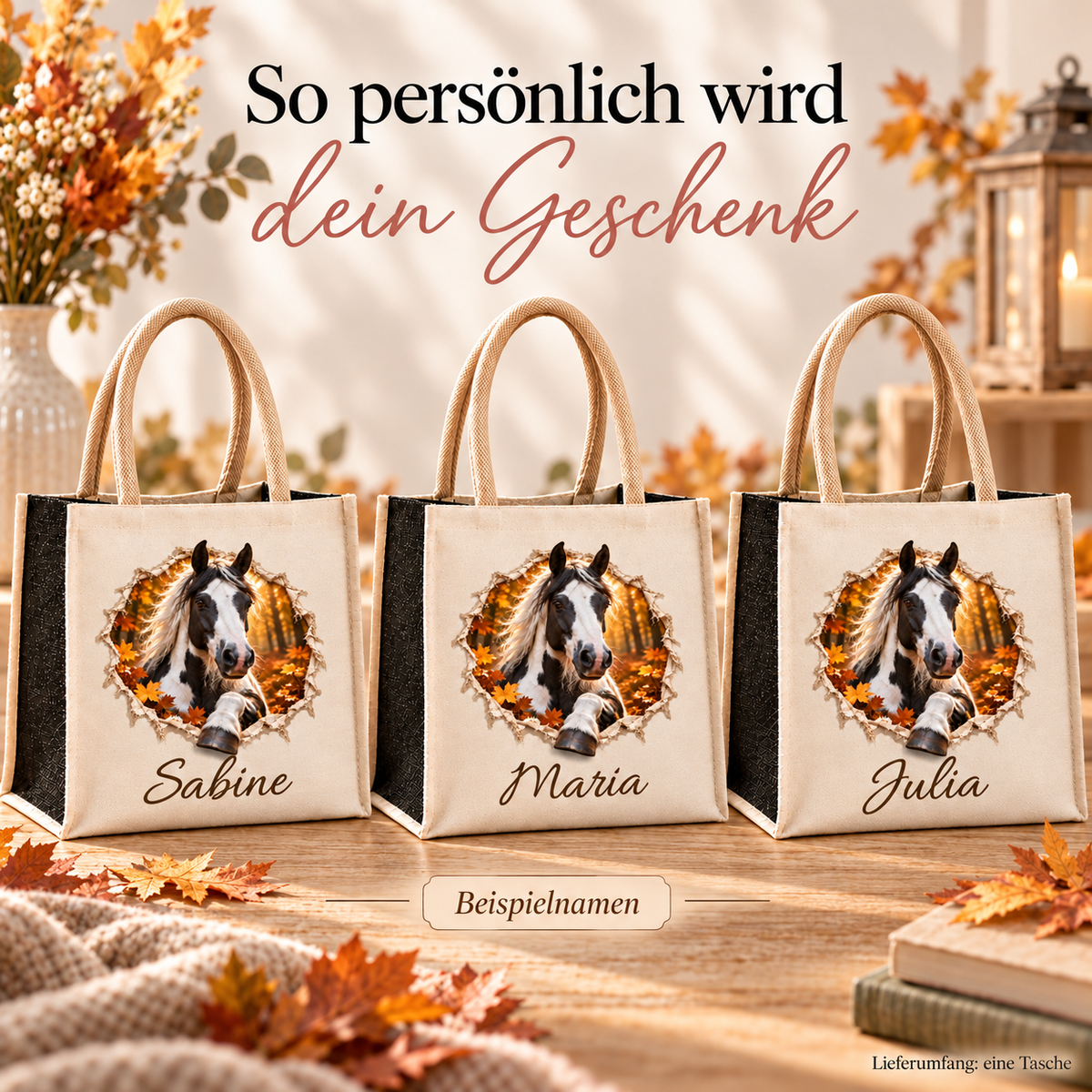Drei Taschen mit dem gleichen Motiv eines Schecken und unterschiedlichen Namensaufdrucken.