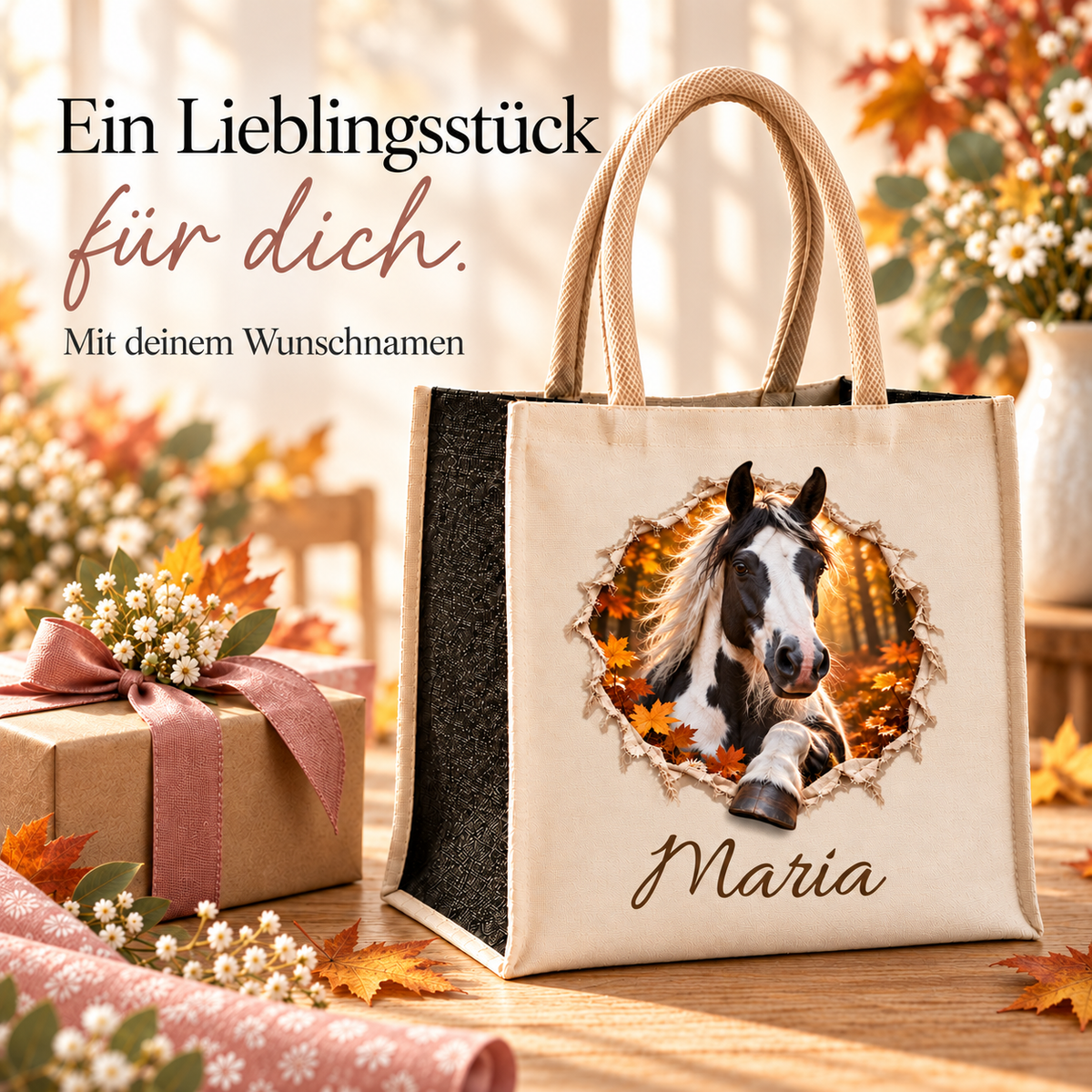 Tasche mit dem Motiv eines Schecken neben verpacktem Geschenk und Blumen auf Holz.
