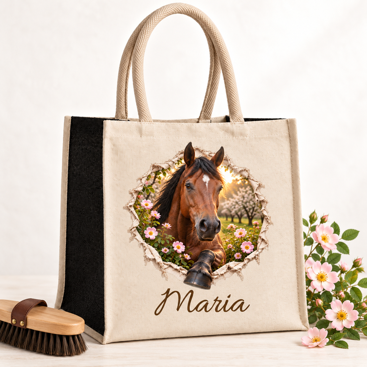 Naturbeige Tasche mit dem Motiv eines braunen Pferdes, daneben Bürste und Blumen.
