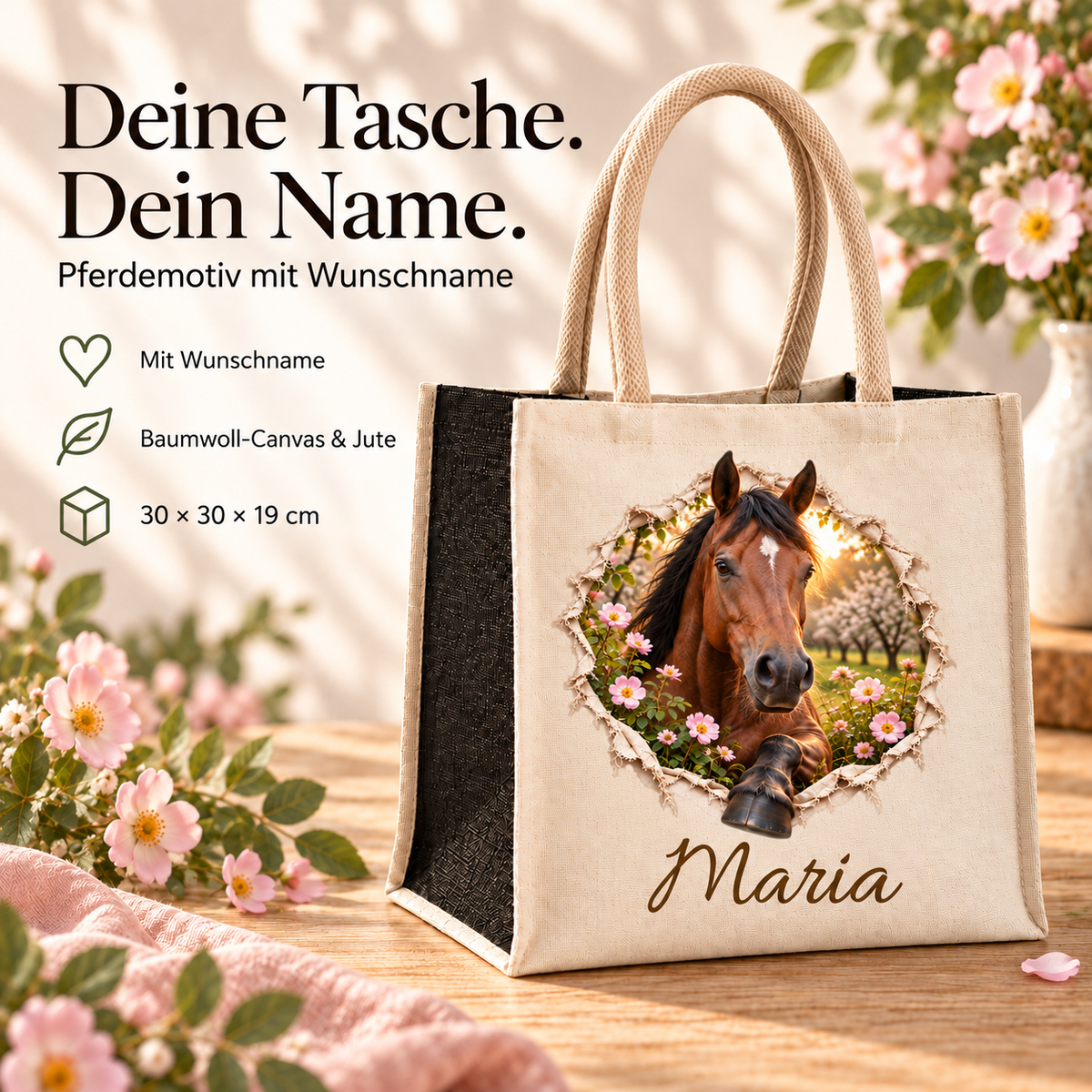 Tasche mit dem Motiv eines braunen Pferdes neben Angaben zu Wunschname, Material und Maßen.