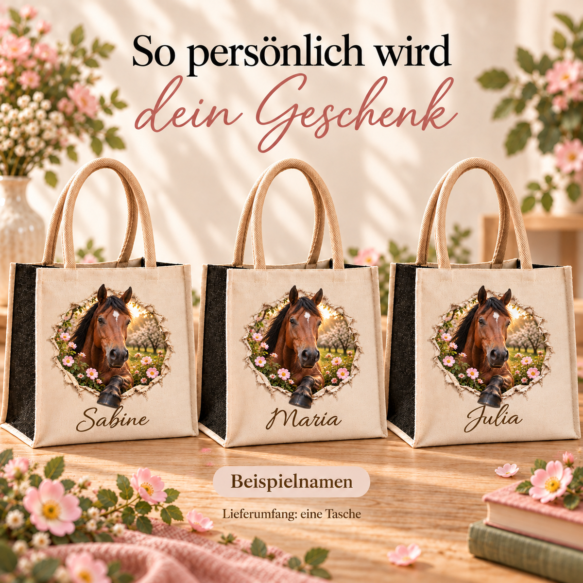 Drei Taschen mit dem gleichen Motiv eines braunen Pferdes und unterschiedlichen Namensaufdrucken.