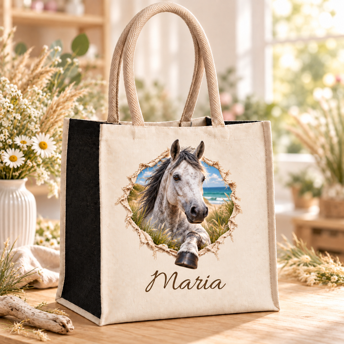 Tasche mit dem Motiv eines Apfelschimmels auf einem Holztisch im Blumenatelier.