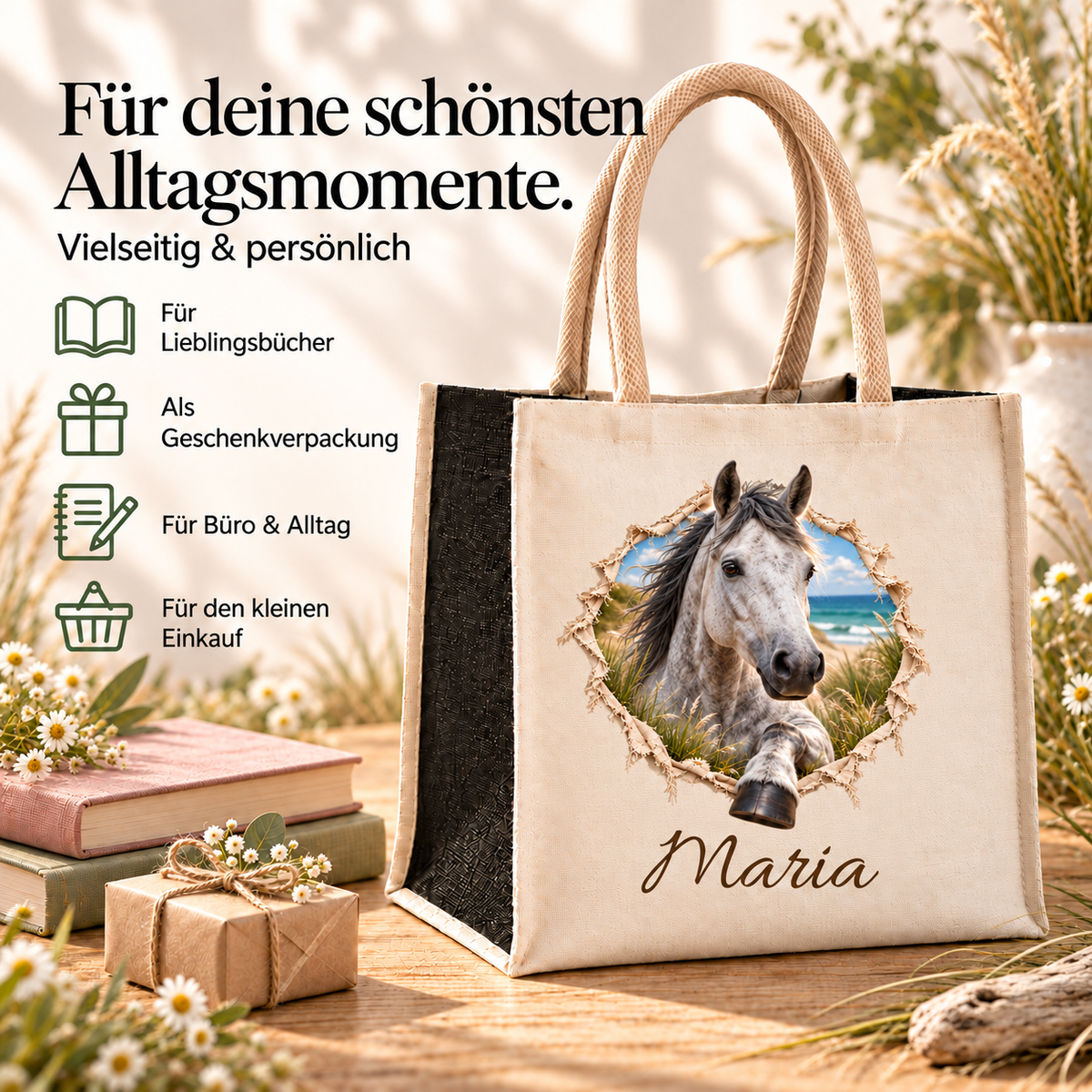 Tasche mit dem Motiv eines Apfelschimmels neben Buch und Hinweisen zur Verwendung im Alltag.