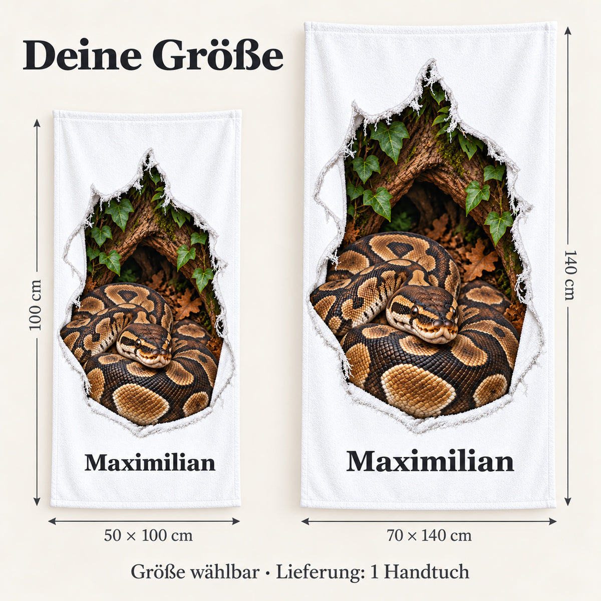 Handtuch mit Königspython und Wunschname in 50 × 100 und 70 × 140 cm