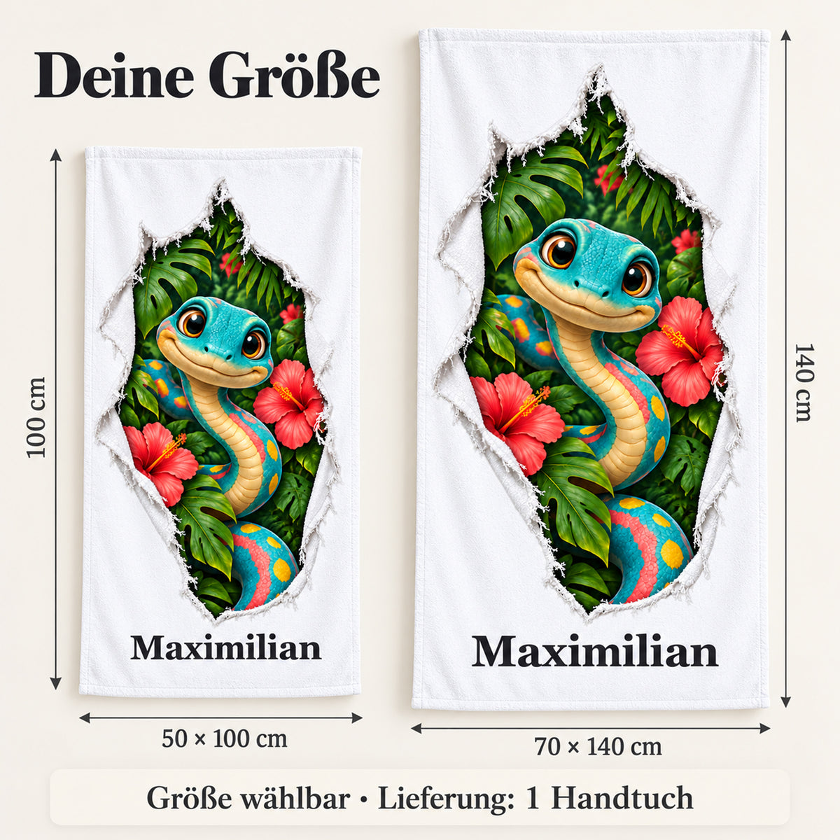 Handtuch mit bunter Fantasieschlange und Wunschname in 50 × 100 und 70 × 140 cm