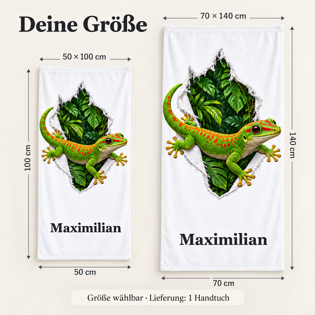 Handtuch mit Gecko und Wunschname in 50 × 100 und 70 × 140 cm