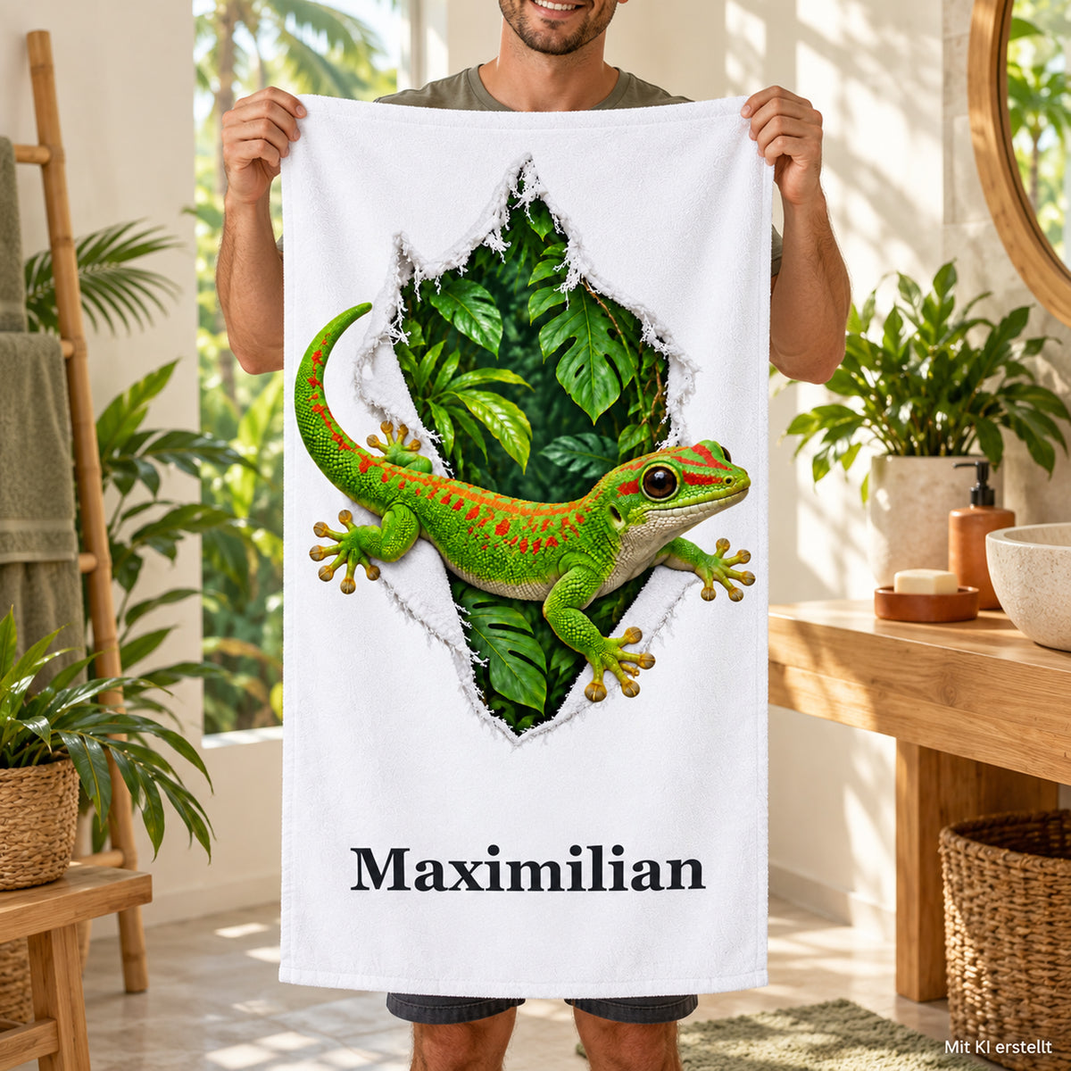 Handtuch mit Gecko und Wunschname, von einer Person im Bad gehalten