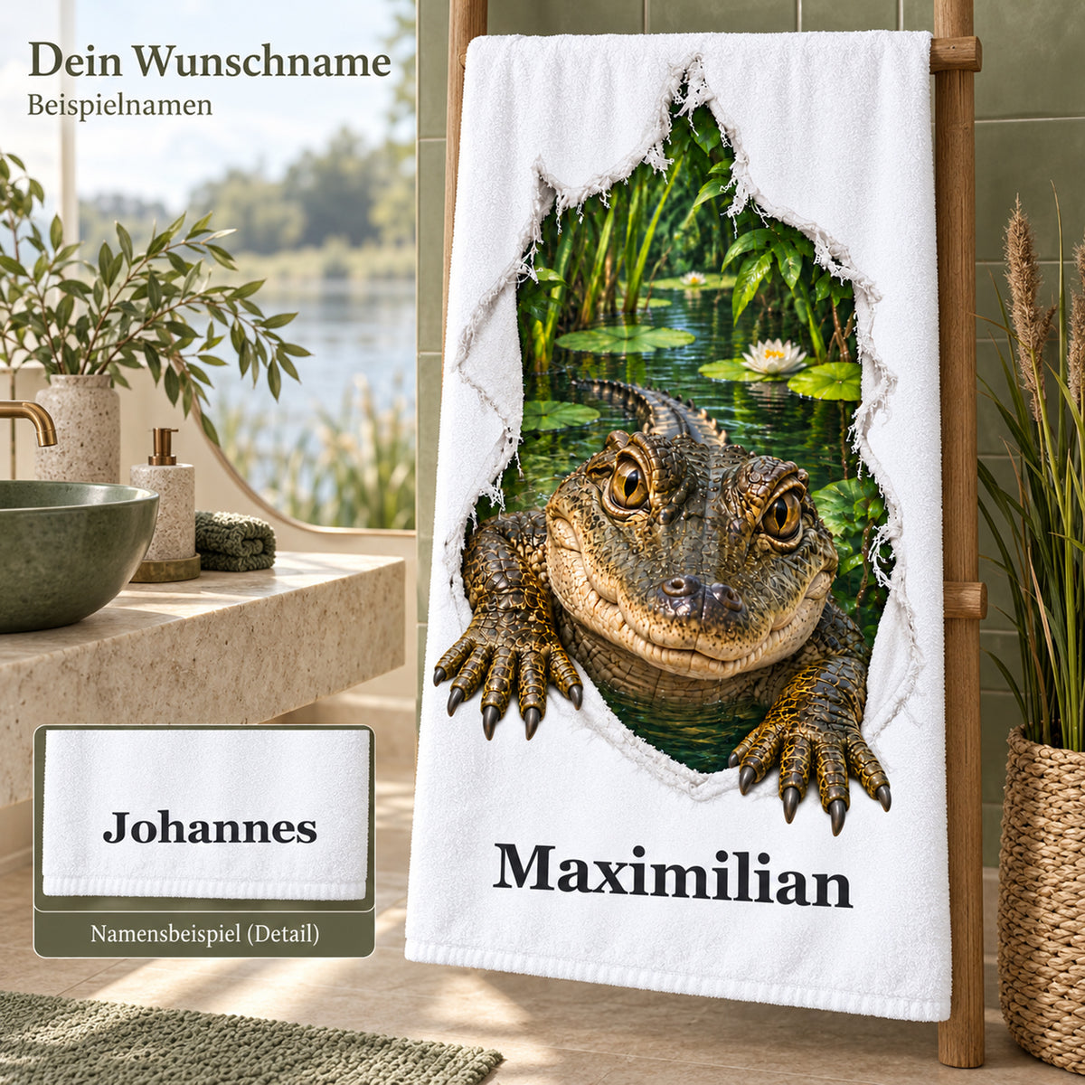 Handtuch mit Krokodil und Wunschname sowie separatem Namensdetail